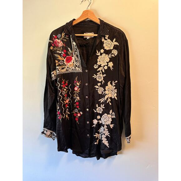 Johnny Was Roma Embroidered Oversized Satin Shirt Tunic Black